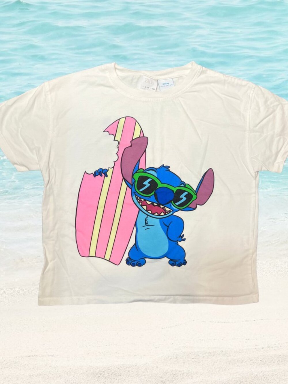 Zara Kids Disney Lilo & Stich Graphic Tee White Hawaii Surf School Size 9-10
